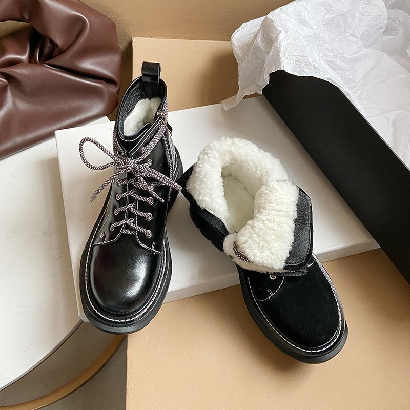 

2020 New Genuine Leather Snow Boots Women Warm Wool Winter Boots Female Shoes Lace Up Fashion Thick Fur Ankle1, Black