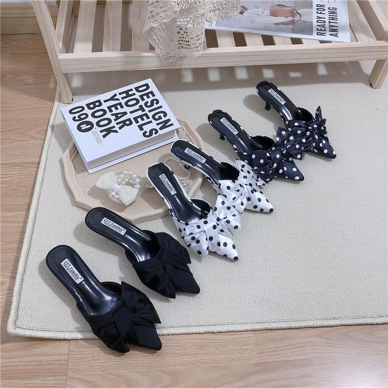 

Pointed Toe Women Slippers Thin Mid Heels Bow Design Slip On Casual Pumps Summer Fashion Outdoor Mules Shoes Size 35-39, Black
