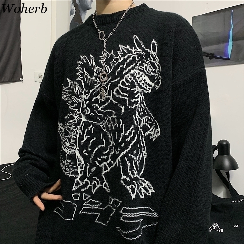 

Woherb Vintage Loose Pullover Sweater Women Long Sleeve Dinosaur Pattern Knit Tops Jumpers Korean Fashion New Streetwear 91373 201119, Black pullover