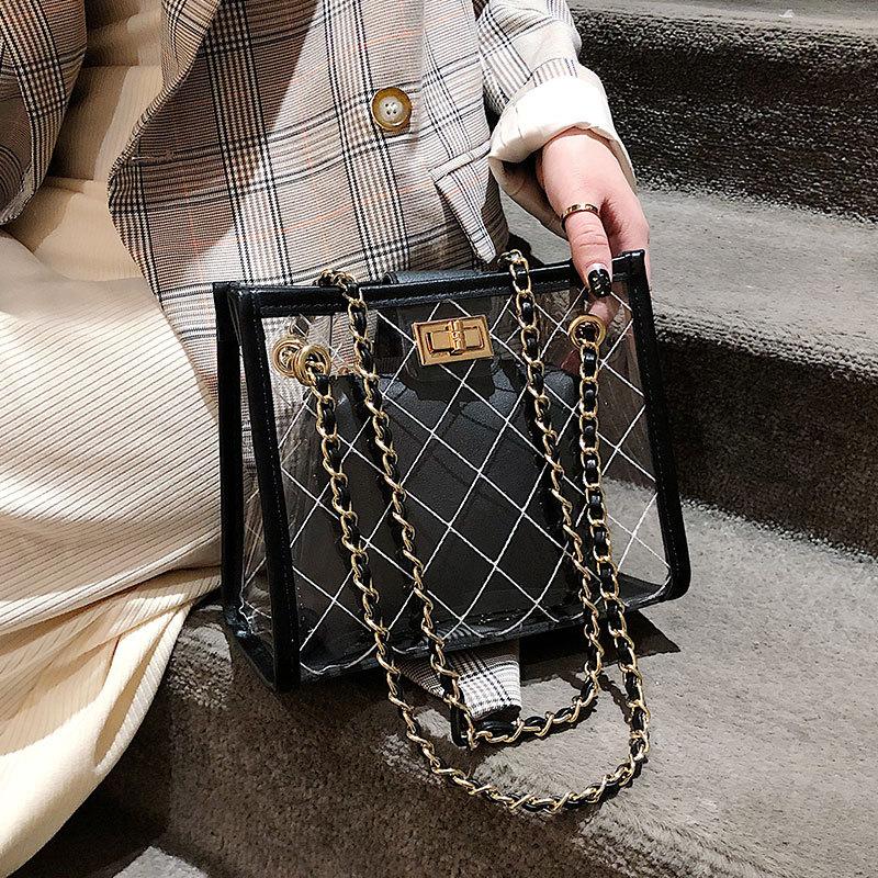 

Transparent Jelly Big bag 2021 Fashion New High Quality PVC Women's Designer Handbag High capacity Chain Shoulder Messenger Bags, Black