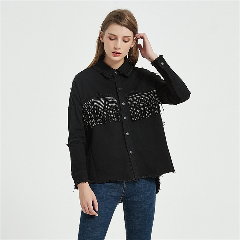 

Women Tassel Denim Jacket Spring Autumn Black Bomber Punk Style Streetwear Female Sequined Loose Casual Denim Jackets Coats 201112