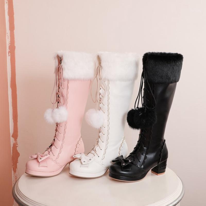 

Boots White Fur Snow Women Mid-calf Winter Warm Cozy Long Plush High Heel Zip Platform Knee Plus Size 43 699-11, Black