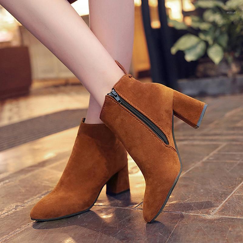 

New Fashion Spring Women Boots Zip Casual Flock Boots Pointed Toe High Square Heel Warm Women Ankle Size 35 451, Black