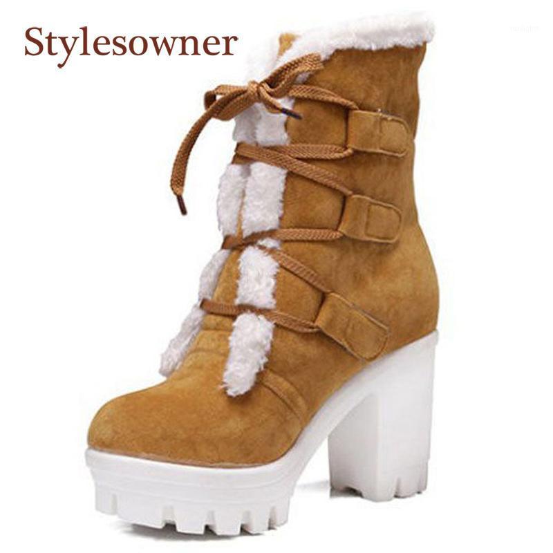 

Autumn Winter Fur Lining Waterproof Platform Chunky Sole Warm Mid-tube Thick High Heel Women's Army Green Motorcycle Boots 20201, Black