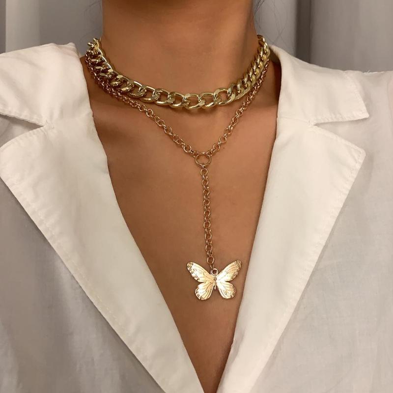 

HC Statement Big Chunky Miami Cuban Chain Necklace Women Punk Clavicle Jewelry Vintage Long Butterfly Pendant Choker Necklace T