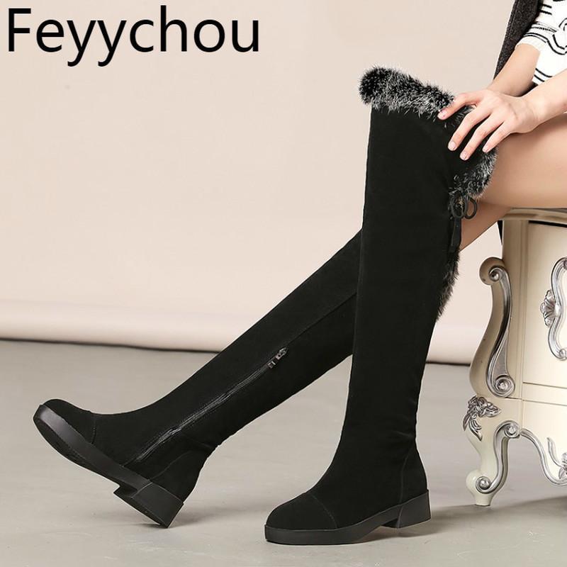 

Women Boots Super Med Heel Autumn Winter Warm Plush Over-the Knee Boots Zip 2020 New Fashion Flock Motorcycle Black Gray1