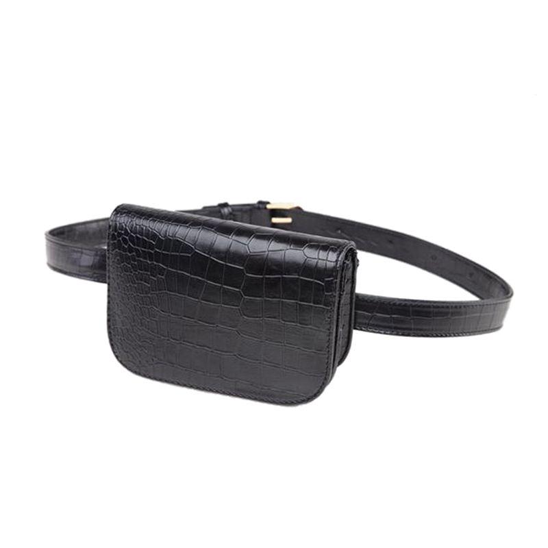 

NEW-Vintage PU Leather Waist Bag Women Alligator Waist Bag Travel Belt Wallets Fanny Bags Ladies Black