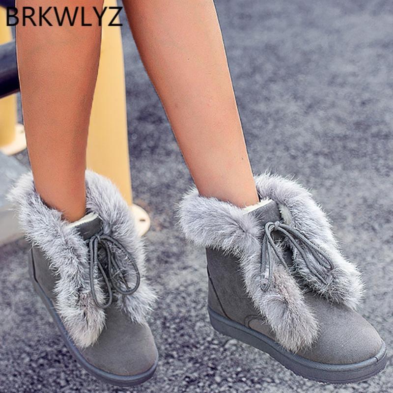 

Ears Women Snow Boots Fashion Suede Round Toe Lace Up Warm Boots with Plush Inside Turn Over Edge Winter Bread Shoes, Black