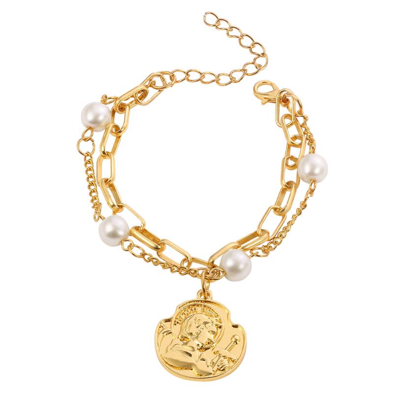 

Imitation Pearl Relief Bracelet For Women Double Prince layer Chunky Chain Armband Bangles Men Couple Jewellery Gift Friends
