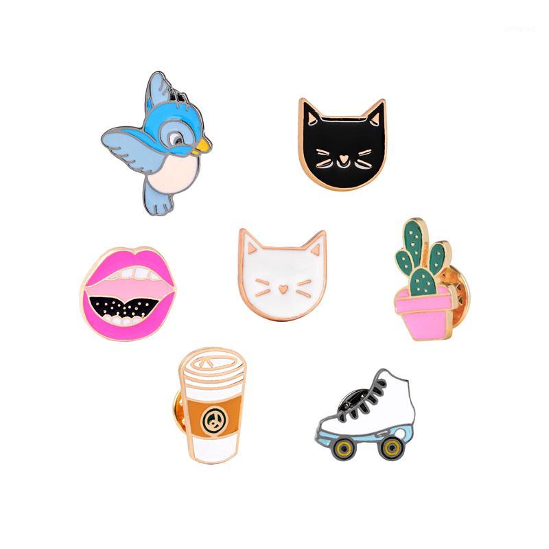 

Pins, Brooches Wholesale- 9 Style Fashion Cartoon Bird Cute Cat Coffee Potted Plants Shoe Lips Enamel Brooch Pins Denim Jacket Hat Bag Decor
