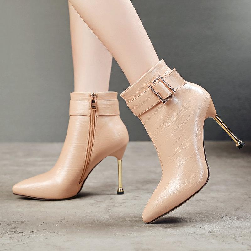 

Boots Autumn Women's Pu Leather Super High Heel Ankle Winter Plush Shoes Fashion Pointed Toe Zipper Short 2021, Apricot