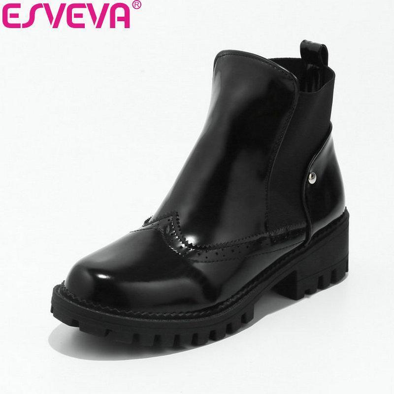 

ESVEVA 2021 Women Boots Warm Fur Western Style PU Leather Square Med Heel Out Door Ankle Boots Concise Ladies Size 34-431, Black