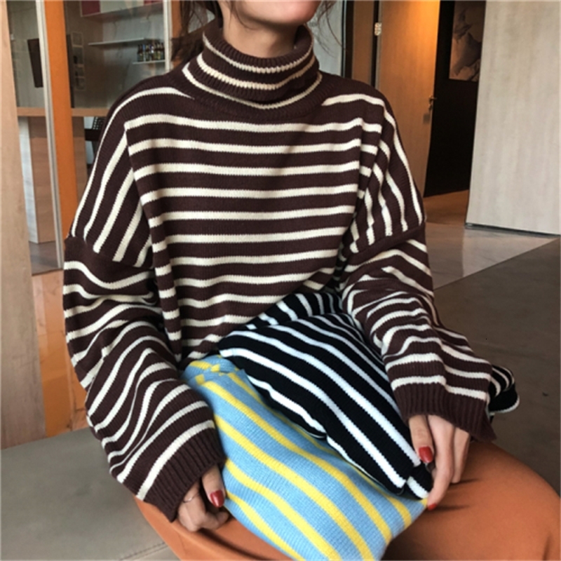 

2021 New Spring Striped Turtleneck High Knitting Female Long Casual Sleeve Thin Sweater Tops Lj64, Black.