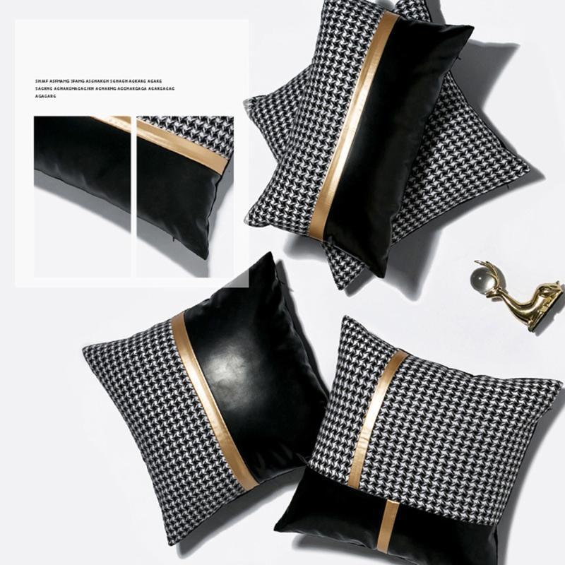 

Luxurious Houndstooth PU Stitching Cushion Cover Patchwork Pillow Cover Home Sofa Decorative Grid Pillowcase 45x45 / 30x50cm1