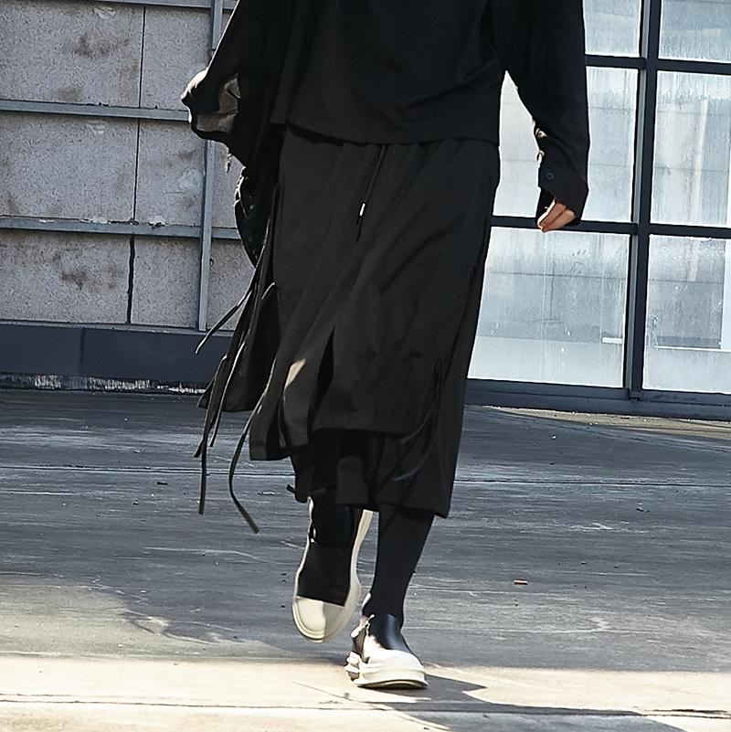 

Men's nine split pants Spring/summer Yamamoto Black trend fake two culottes low crotch pants loose men's wide leg