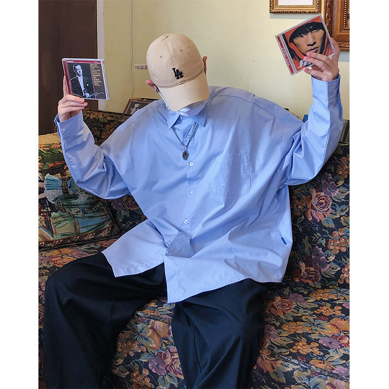 

2021 New Camisa Masculina Outono Nova Magro Amantes Slida Tamanho Grande De Comprida Lapela Personalidade Juventude Q7KM, Blue