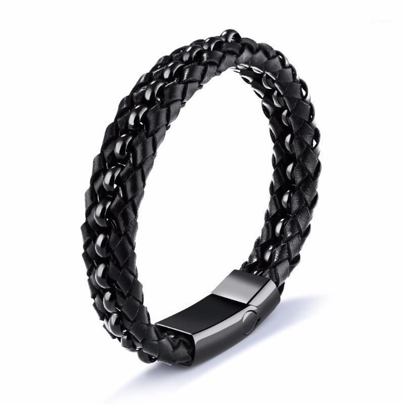 

Fate love Genuine leather with stainless steel black rolo chain bracelet bangle for mens holiday jewelry 8.66''1