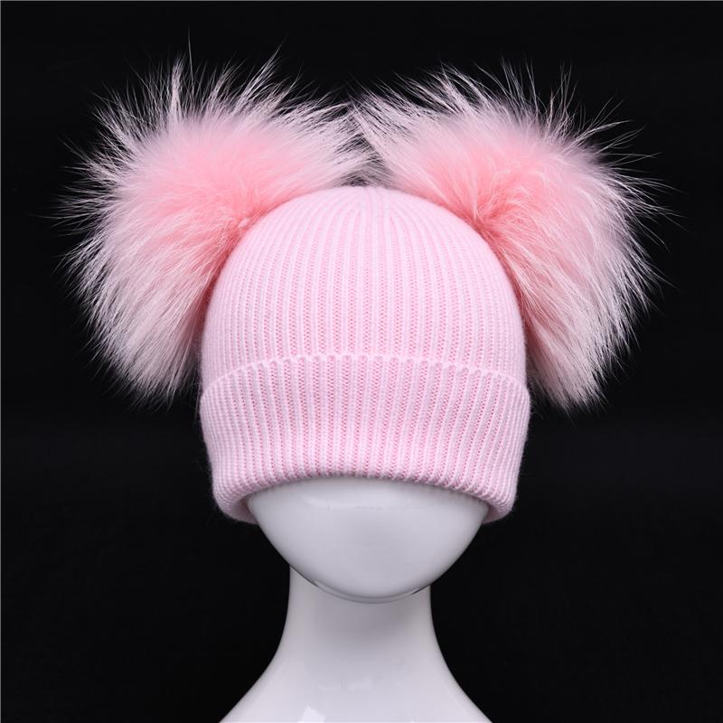 

Children's Winter Toddler Baby Kids Cashmere Knitted Hat Beanie with 2 Double Real Fur Pom Poms Ears Hat for Boys and Girls