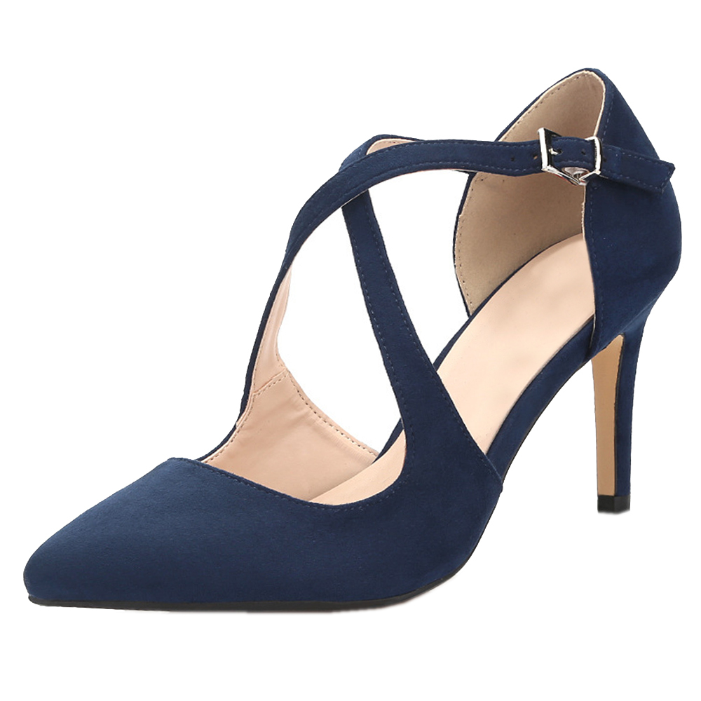 

2021 The New Womens Pinheel Heel Mid-heel Stiletto Cross Tape Wedding Career Basic Shoes Eua -15 8013, Dark blue
