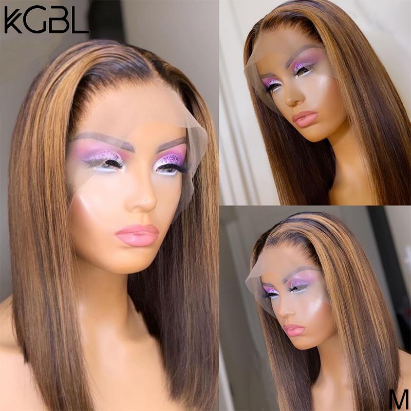 

KGBL T-part Highlight Short Bob Lace Front Human Hair Wig 8-14'' Non-Remy Wig With Baby Hair 130% Density Brazilian Medium Ratio, 13x6 t-part bob wig