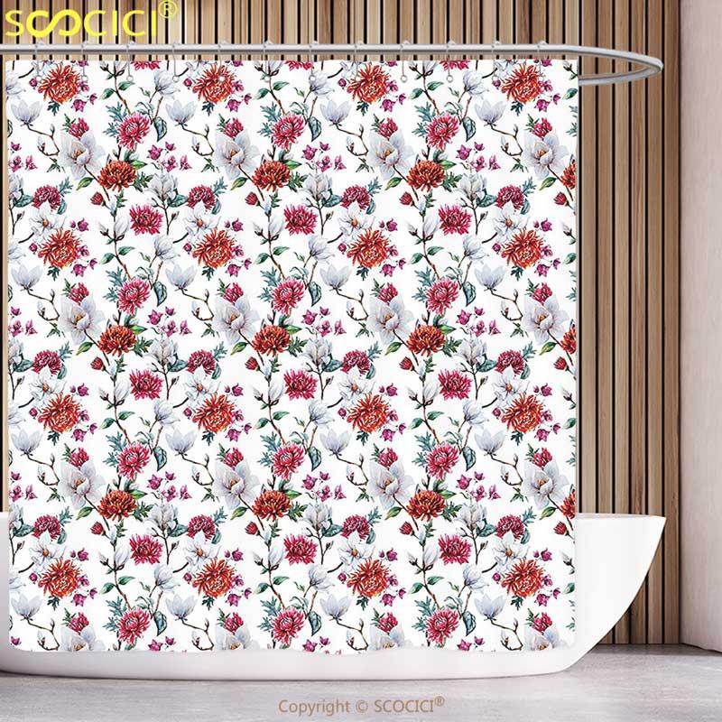 

Polyester Shower Curtain Flower Decor Watercolored Design Magnolia Garden Florals With Leaves and Bud Romantic Image Multicolor