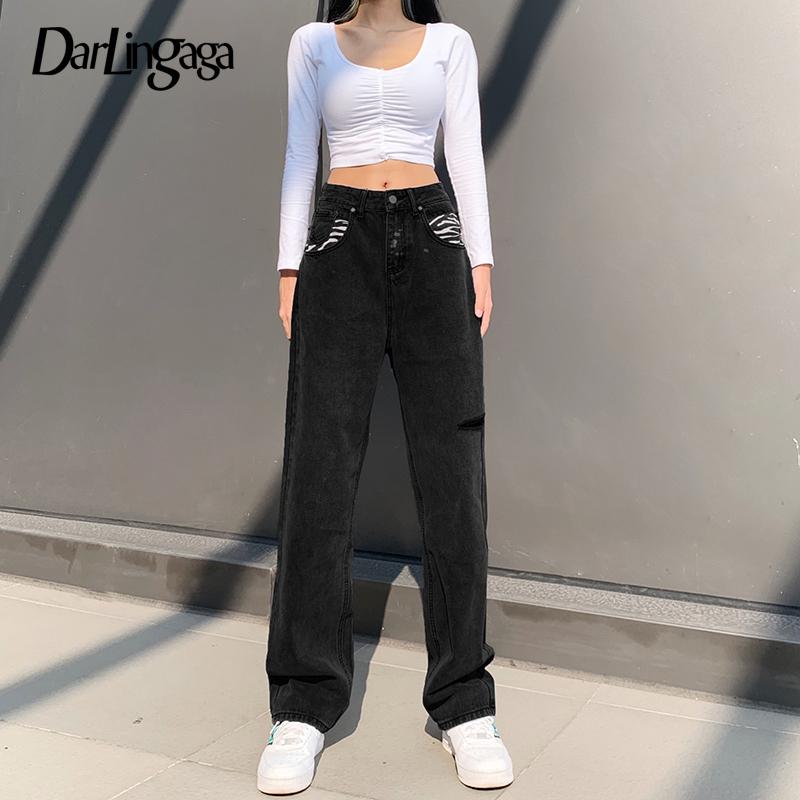 

Darlingaga Streetwear Straight Baggy Black High Waist Jeans Hole Ripped Denim Woman Pants Casual Harajuku Boyfriend Jeans Bottom, Black jeans