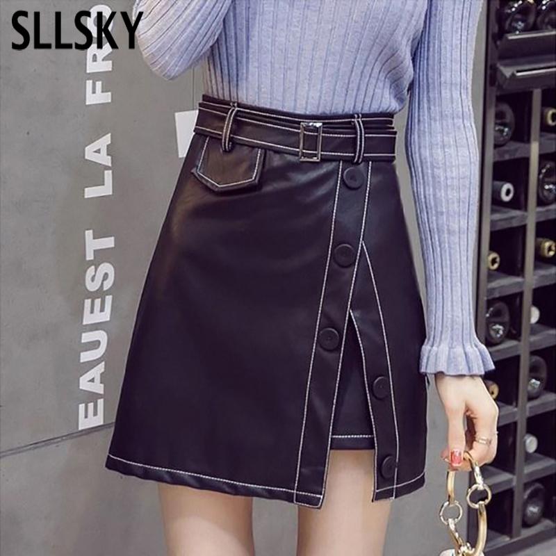 

SLLSKY Black Irregular PU Short Skirt Women Autumn New Ladies High Waist A-Line Skirt Female Split Belt Leather Mini