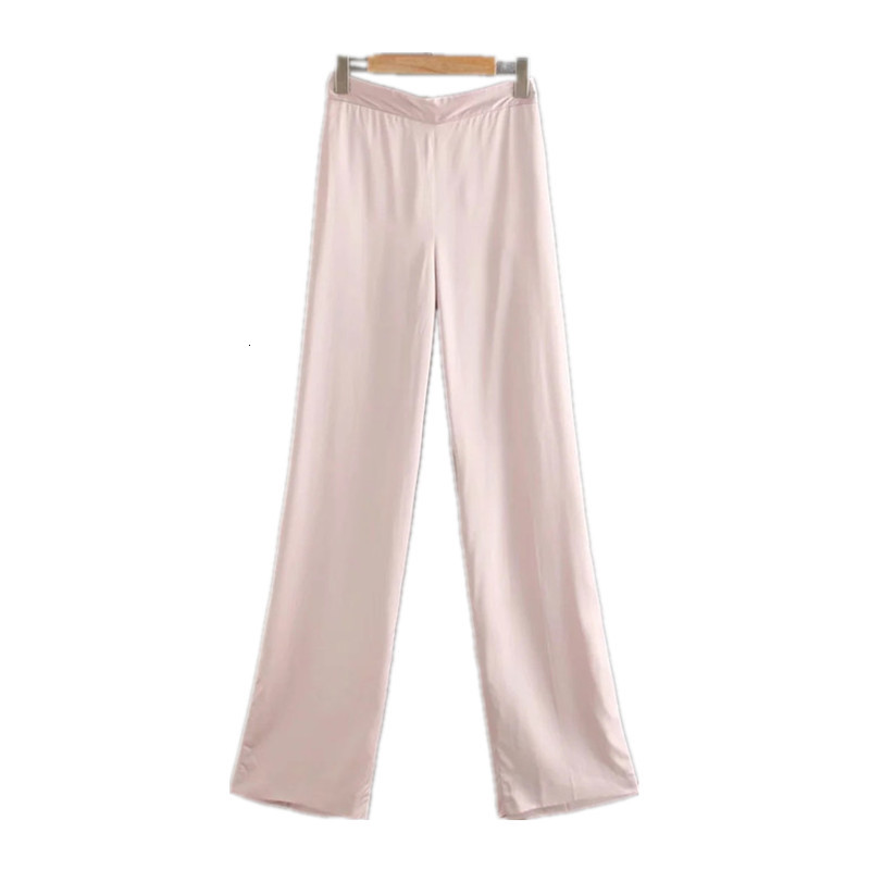 

2021 New Women Office Wear Fashion with Pocket High-waist Satin-finish Palazzo Wide-leg Trousers Mujer Vintage Elastic Trim Pants Lsqa, Pink