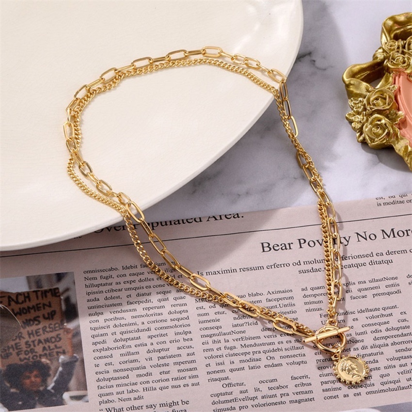 

Coin Vintage Carved Gold Color for Women Medal Pendant Necklace Double Layer Choker Fashion Jewelry Accessories FJSC