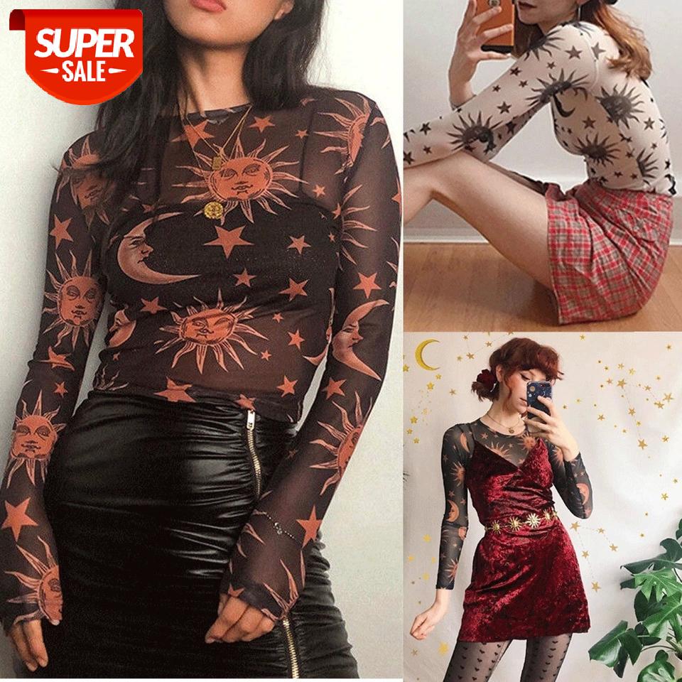 

2019 Brand New Spring Summer Women Ladies Mesh Sheer See Through Long Sleeve Sun Moon Tee Fishnet T-Shirt #Vp0f, White