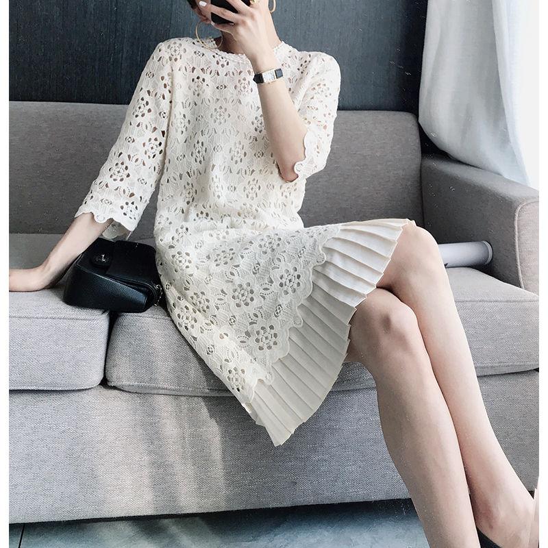 

2011 New Lace Round Neck Pleated OfficeLady Dress Spring Autumn Oversized Loose Elegant Hollow Sleeves Mid A-line Female Dress, Beige