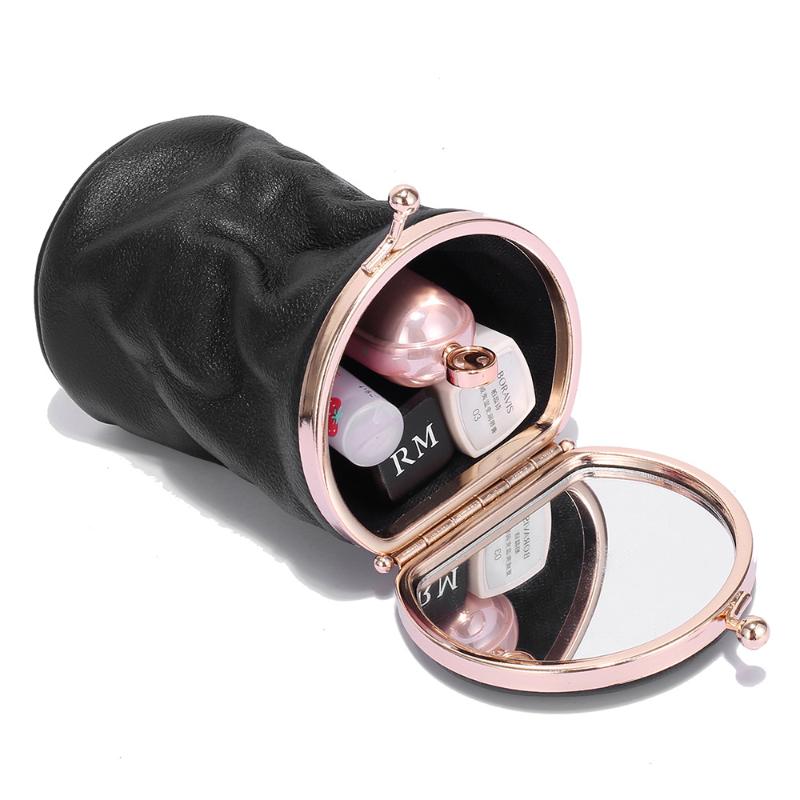 

Fashion Barrel-Shaped Real Top Layer Oil Waxed Cow Leather Cosmetic Make Up Items Case Mini Mirror Cover Lipsticks Bag
