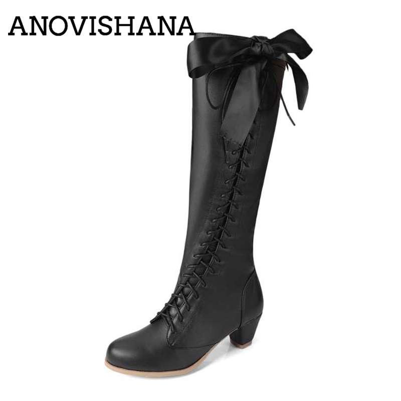 

ASILETO Large Size 33-45 Women Knight Knee Boots Round Toe Cross Tied Chunky Heels Shoes Bowtie Ladies Riding Long Booties Botas, Black