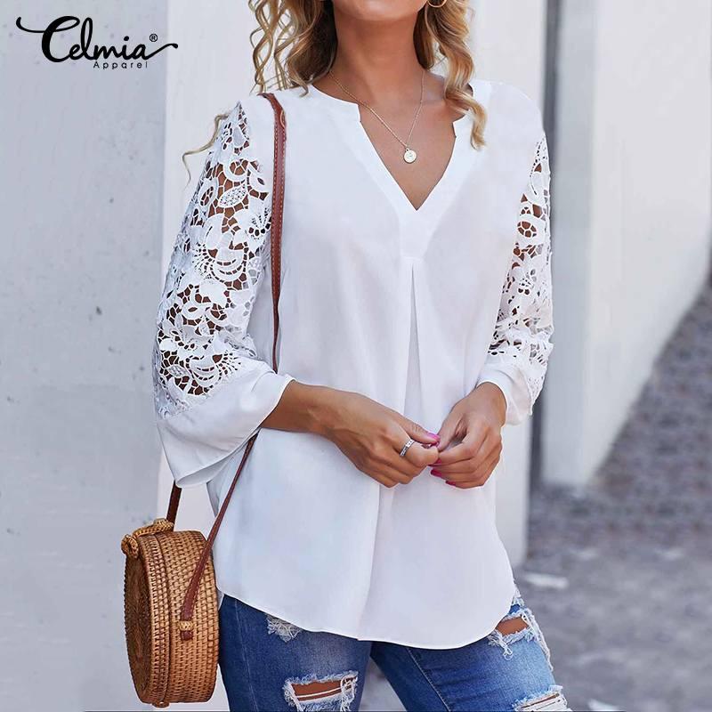 

Celmia Summer Women White Lace Blouses Sexy V neck Elegant Shirts 3/4 Sleeve Hollow Tunic Tops Casual Loose Solid Office Blusas, Black