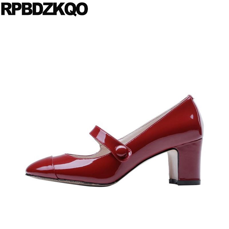 

red discount patent leather mary jane strap women pumps round toe japanese size 4 34 shoes black closed high heels block 2020