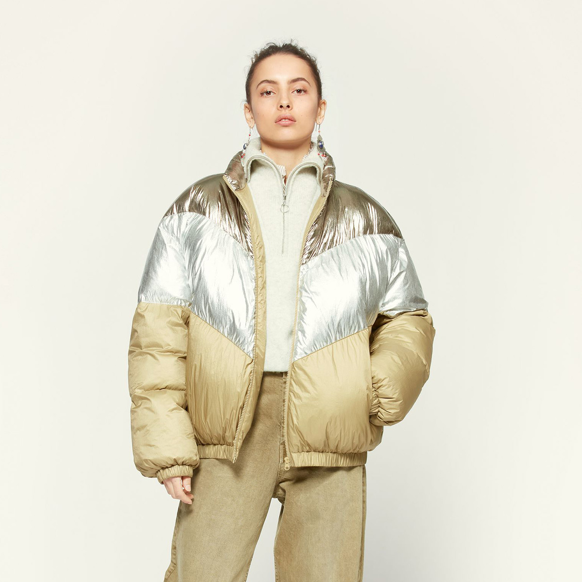 

Oversized contrast female winter jacket chic long sleeve with zipper side pockets warm 2020 casual thick puffer woman parkas, Contrasting.