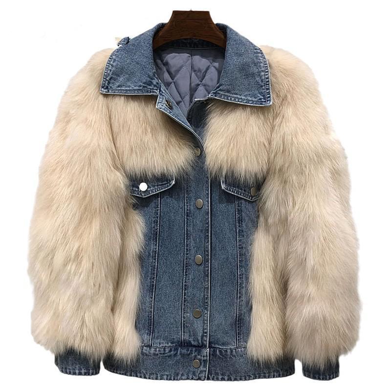 

Women Patchwork Fashion Fur Coat Warm Lining Color Matching Fur Coat Jacket Women Denim Winter Coats 2020 Fashion Clothes, Blue