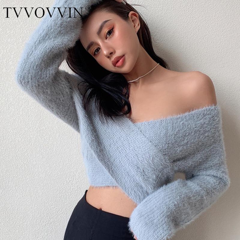 

TVVOVVIN Sexy Off Shoulder Cross V-neck Wool Top Slim Short Navel Long Sleeve Tops Womens Fleece Sweater 8NAZ, Khaki