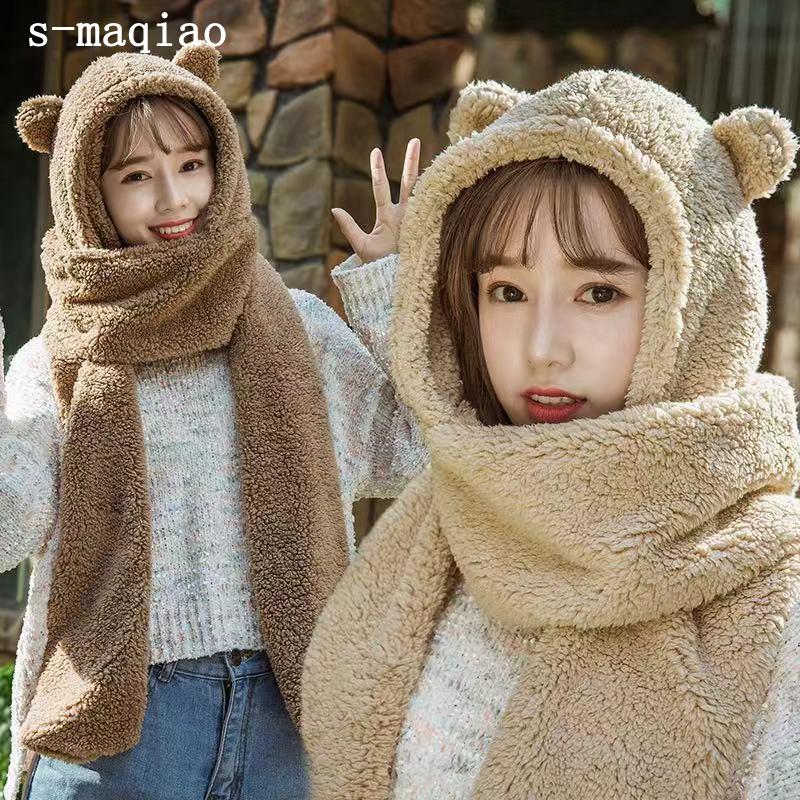 

2020 Winter Women Novelty Caps Warm Cute Bear Ear Hat Casual Plush Hat Scarf Gloves Set Casual Solid Fleece Women Autumn Caps, Khaki