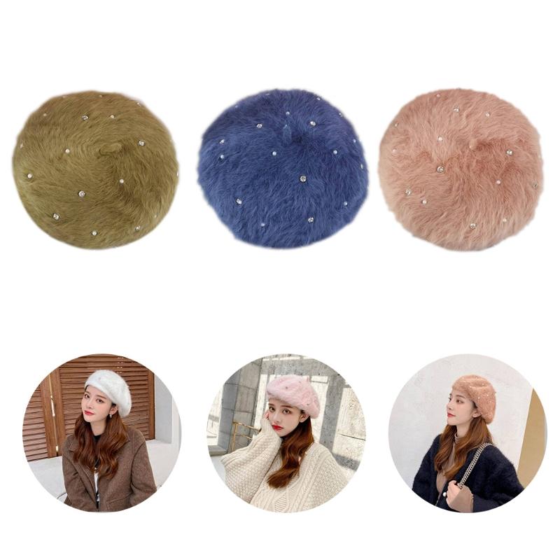 

Women Winter Fuzzy Plush Beret Cap Glitter Rhinestone Faux Pearl Embellished French Style Solid Color Painter Pumpkin Beanie Hat, White