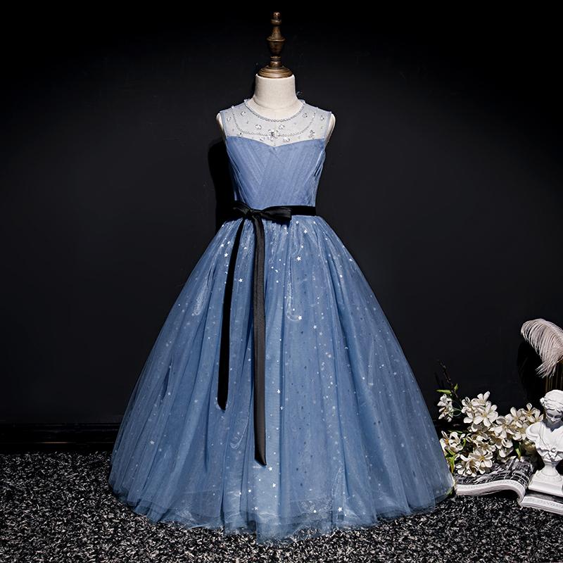 

Flower Girl Dresses O-Neck Beading Crystal Lace Princess Ball Gown Tiered Floor-Length Tulle Sequined Pleat Kid Party Dress D224, Blue