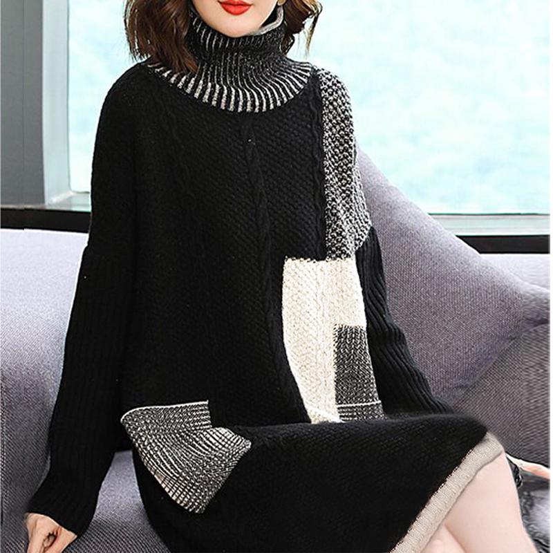 

Women Pullover Turtleneck Long Sleeves Knitted Dress Autumn Winter Patchwork Plaid Pockets Casual Female Loose Sweaters Dresses, Black