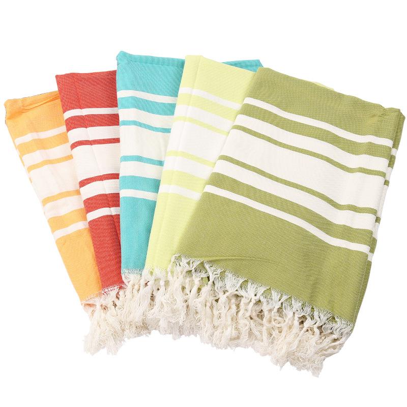 

Towel Striped Cotton Turkish Bath With Tassels Thin Travel Camping Sauna Beach Gym Pool Linen Blanket Absorbent Easy Care, Green
