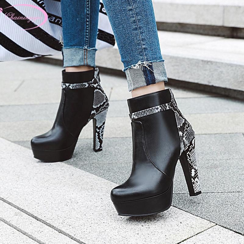 

Casual round toe ankle boots zipper serpentine color matching black white platform super high heel thick women's riding boots