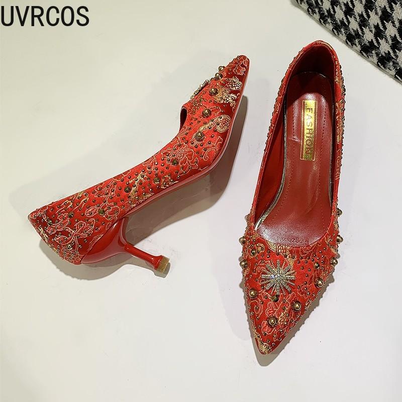

Sexy Female High Heels Fashion All-match Vamp Metal Rhinestone Decoration Mature Woman Wedding Shoes 2021, Red