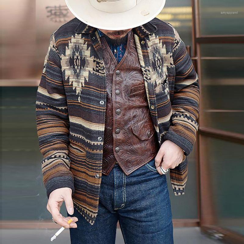 

Men' Sweaters 2021 Autumn Winter Men Coat Ethnic Style Print Slim Single-breasted Stand Collar Wool Male Streetwear Cool Jacket1