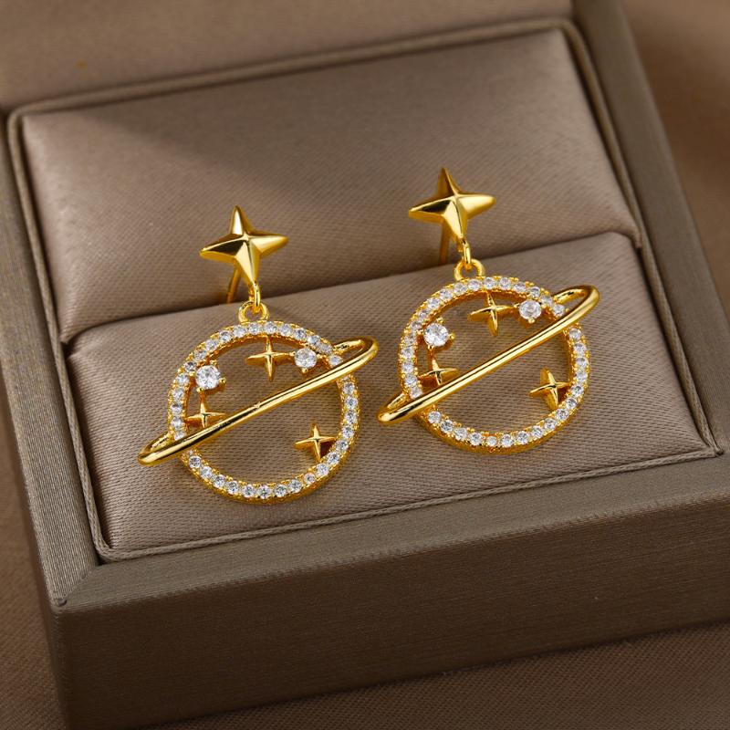 

Stud Zircon Universe Planet Star Earrings For Women Fashion Jewelry Girl Gift Korean Cute Crystal BFF, Golden;silver