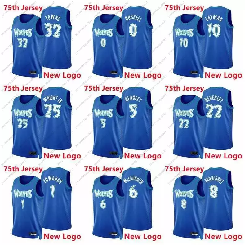 

Minnesota's Timberwolves's Karl-Anthony Towns Basketball Jerseys Anthony Edwards D'Angelo Russell Reid Beasley Beverley jersety 2021-22 75TH, As photo