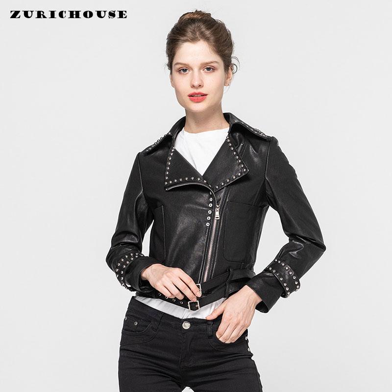 

ZURICHOUSE Genuine Leather Jacket Women Short Fashion Plus Size Moto Biker Rivet Soft Black Natural Sheepskin Coat