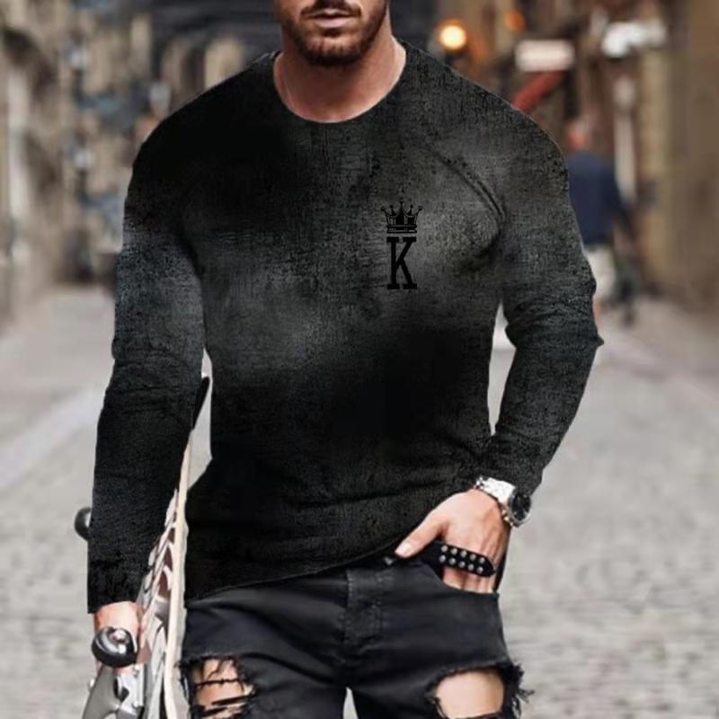

Men's T-Shirts Harajuku Spring Autumn Vintage Camisetas T-shirt Streetwear Loose Round Neck Long Sleeve Poker K Print Gradient Men Tops, White;black